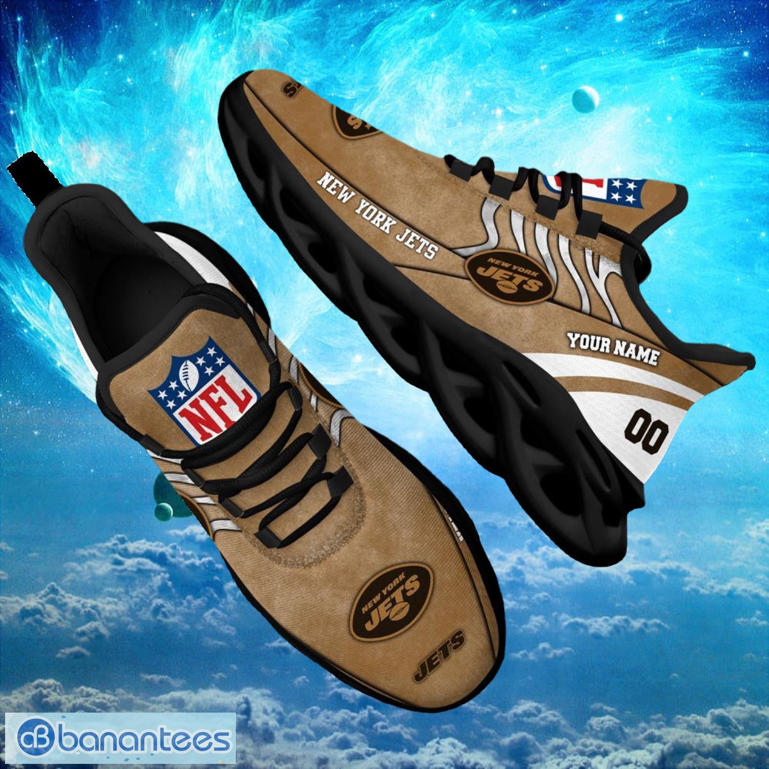 nfl new york jets logo design background brown gift shoes for fans custom name and number max shoes image NFL New York Jets Logo Design Background Brown Gift Shoes For Fans Custom Name And Number Max Shoes Product Photo 1