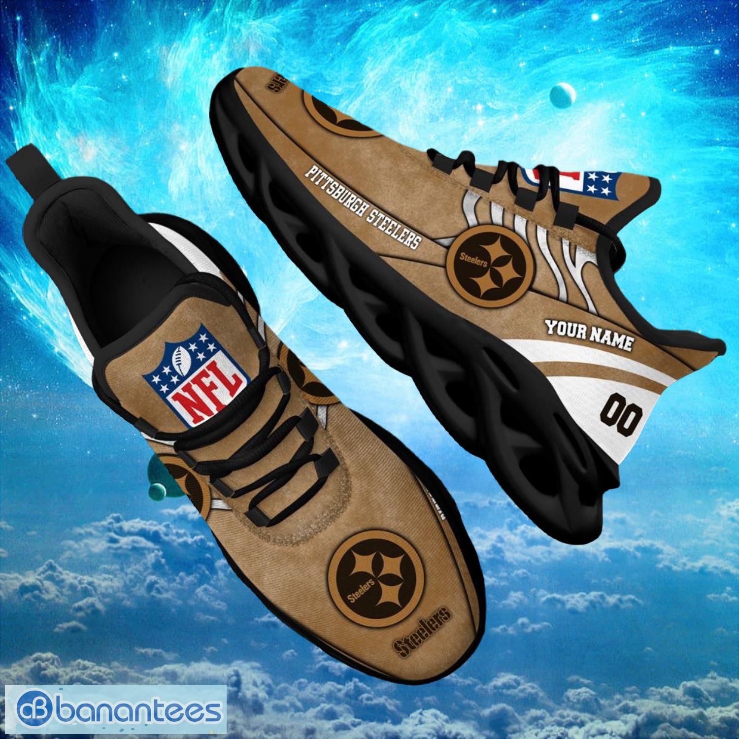 nfl pittsburgh steelers logo design background brown gift shoes for fans custom name and number max shoes image NFL Pittsburgh Steelers Logo Design Background Brown Gift Shoes For Fans Custom Name And Number Max Shoes Product Photo 1