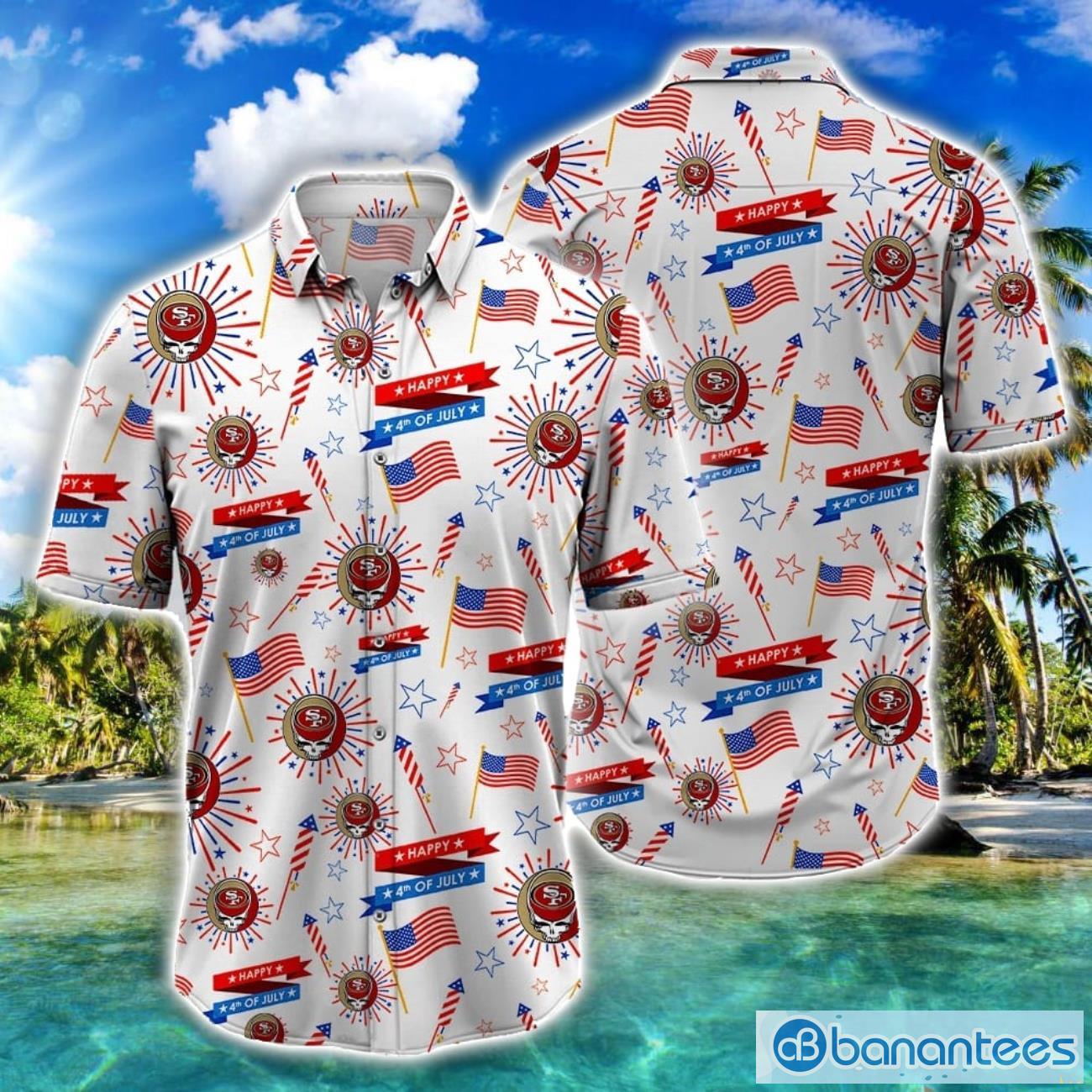 nfl san francisco 49ers grateful dead and sports logo 4th of july hawaiian shirt image NFL San Francisco 49ers Grateful Dead and Sports Logo 4th Of July Hawaiian Shirt Product Photo 1