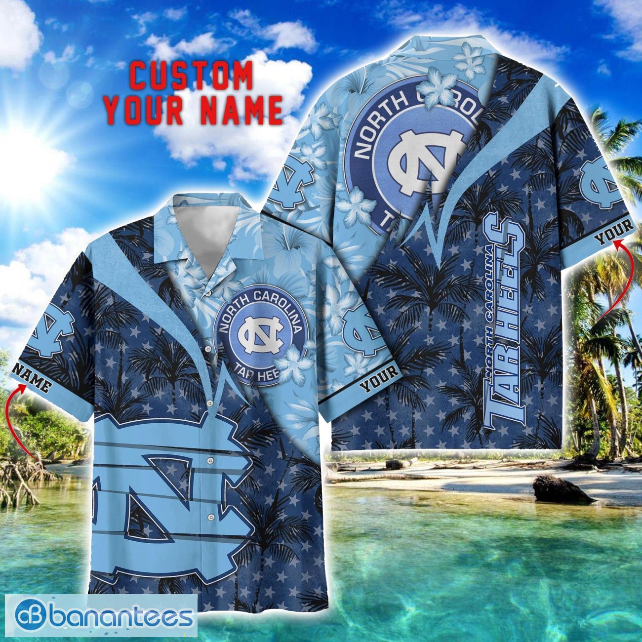 north carolina tar heels hawaii shirt vintage coconut pattern tropical hawaiian football beach shirts custom name image North Carolina Tar Heels Hawaii Shirt Vintage coconut Pattern Tropical Hawaiian Football Beach Shirts Custom Name Product Photo 1