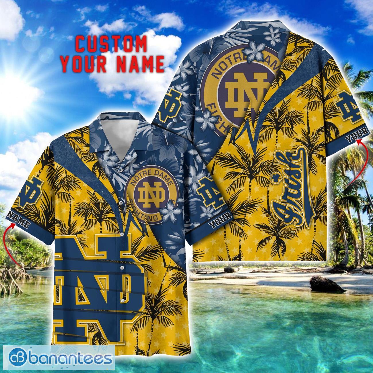notre dame fighting irish hawaii shirt vintage coconut pattern tropical hawaiian football beach shirts custom name image Notre Dame Fighting Irish Hawaii Shirt Vintage coconut Pattern Tropical Hawaiian Football Beach Shirts Custom Name Product Photo 1