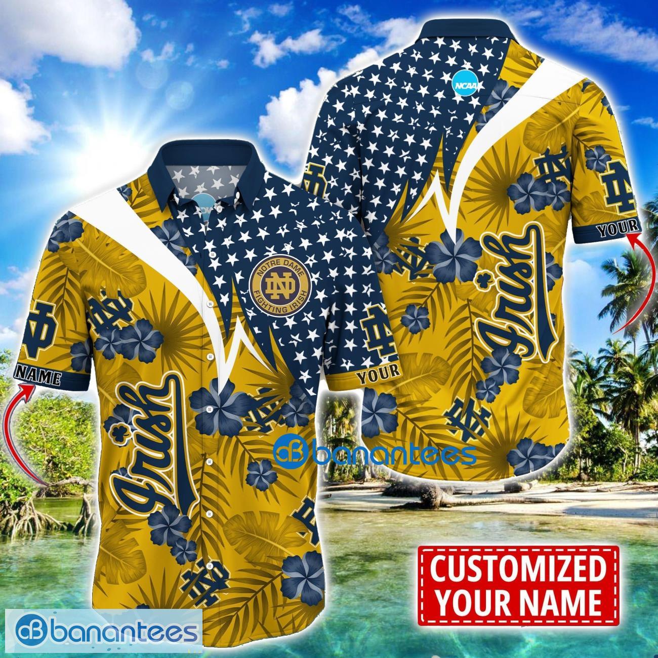 notre dame fighting irish star and flower pattern tropical hawaiian shirt summer gift for men women custom name image Notre Dame Fighting Irish Star and Flower Pattern Tropical Hawaiian Shirt Summer Gift For Men Women Custom Name Product Photo 1