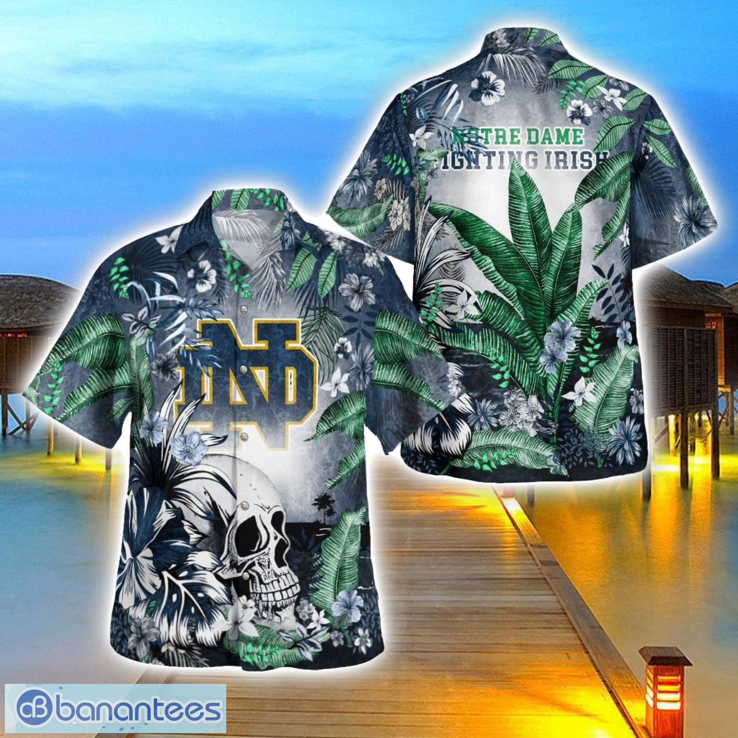 notre dame fighting irish tropical floral skull 3d hawaiian shirt beach shirt halloween gift image Notre Dame Fighting Irish Tropical Floral Skull 3D Hawaiian Shirt Beach Shirt Halloween Gift Product Photo 1