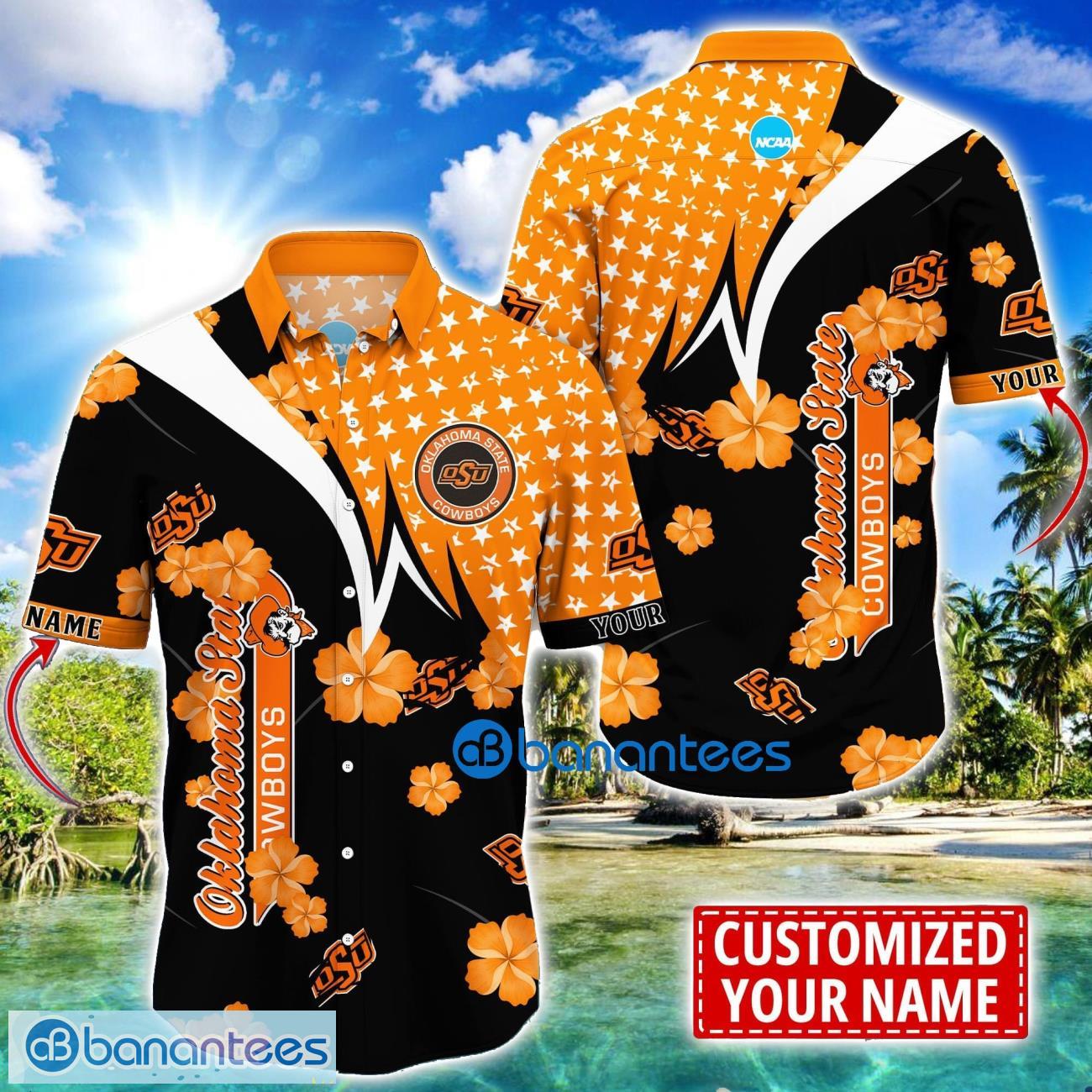 oklahoma state cowboys star and flower pattern tropical hawaiian shirt summer gift for men women custom name image Oklahoma State Cowboys Star and Flower Pattern Tropical Hawaiian Shirt Summer Gift For Men Women Custom Name Product Photo 1