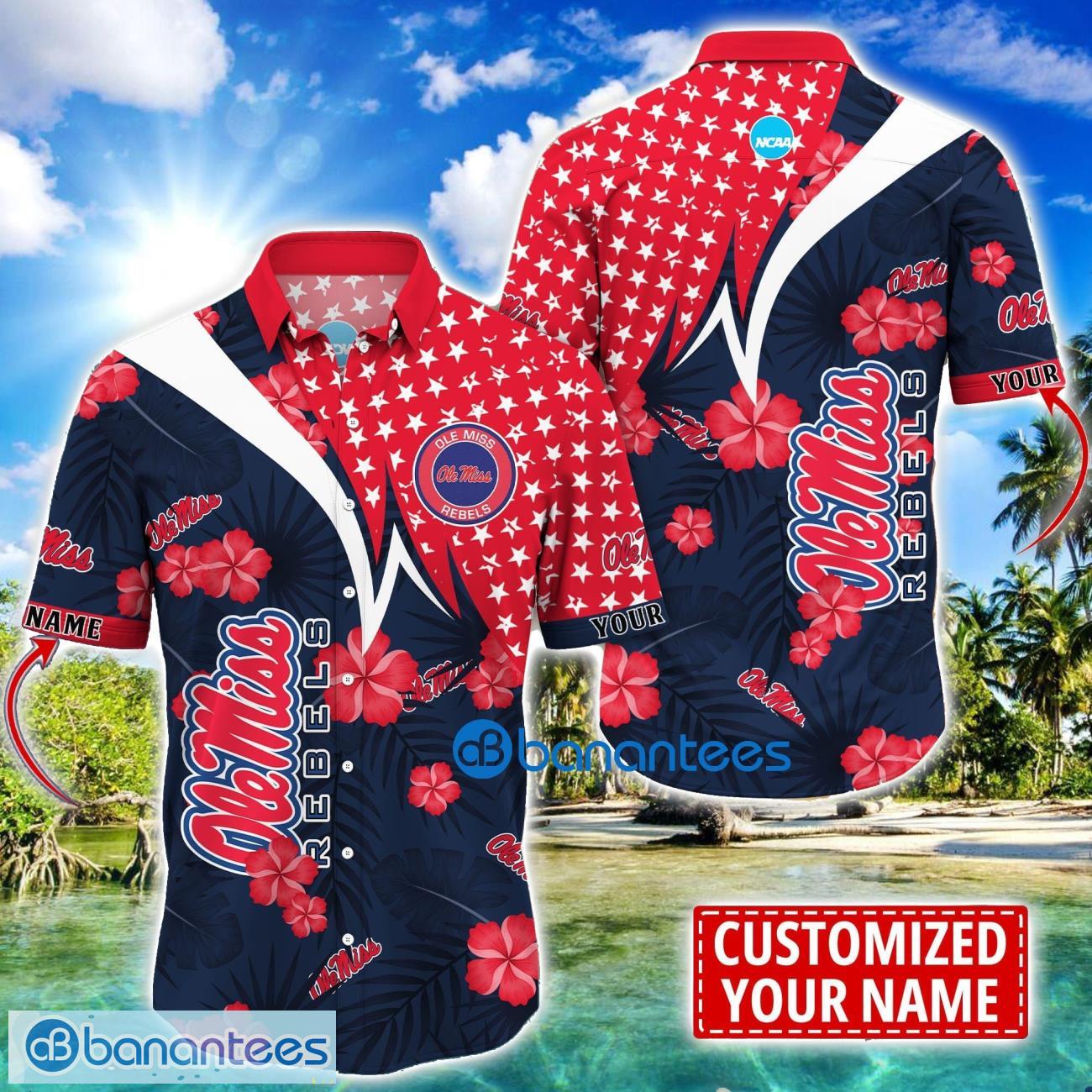 ole miss rebels star and flower pattern tropical hawaiian shirt summer gift for men women custom name image Ole Miss Rebels Star and Flower Pattern Tropical Hawaiian Shirt Summer Gift For Men Women Custom Name Product Photo 1