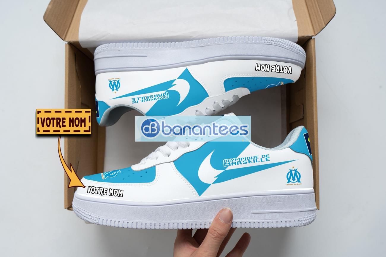 olympique de marseille air force shoes custom name gift for fans af1 sneakers image Olympique de Marseille Air Force Shoes Custom Name Gift For Fans AF1 Sneakers Product Photo 1