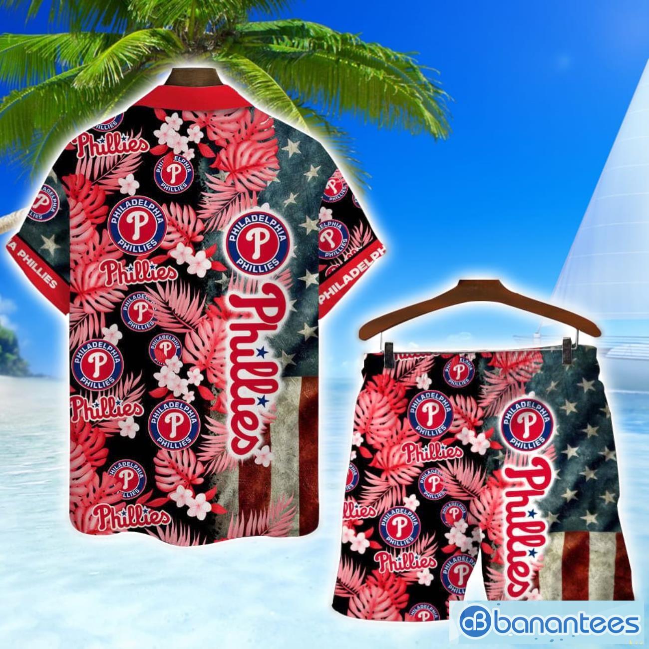philadelphia phillies mlb us flag summer tropical hawaiian shirt and shorts 1 image Philadelphia Phillies MLB US Flag Summer Tropical Hawaiian Shirt And Shorts Product Photo 2