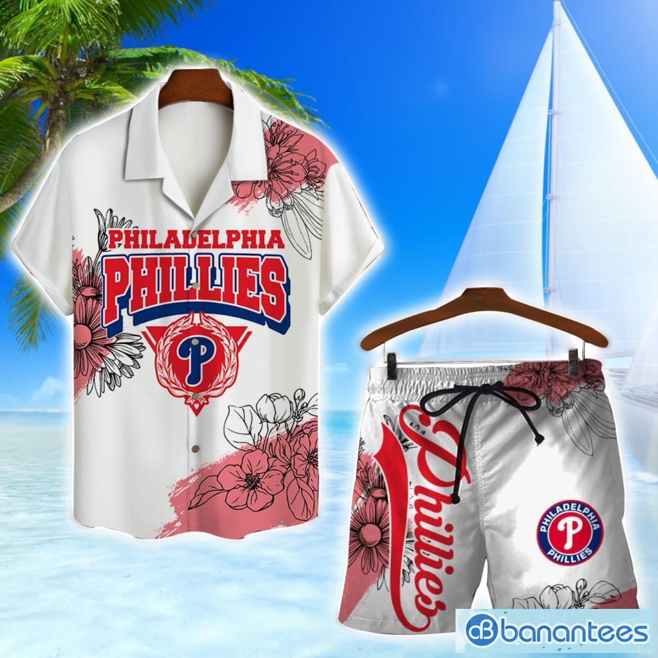 philadelphia phillies team logo pattern white background 3d hawaiian shirt and shorts image Philadelphia Phillies Team Logo Pattern White Background 3D Hawaiian Shirt And Shorts Product Photo 1