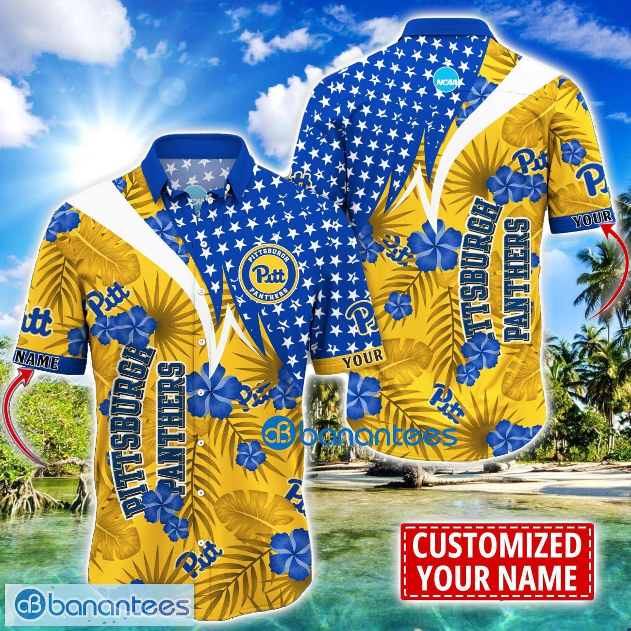 pittsburgh panthers star and flower pattern tropical hawaiian shirt summer gift for men women custom name image Pittsburgh Panthers Star and Flower Pattern Tropical Hawaiian Shirt Summer Gift For Men Women Custom Name Product Photo 1