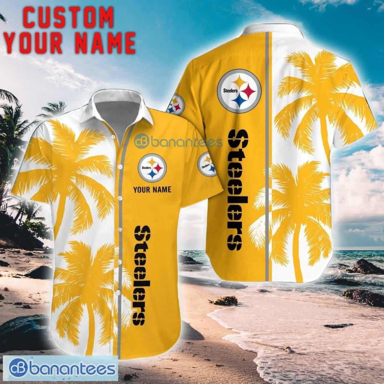 pittsburgh steelers coconut pattern hawaiian shirt and shorts personalized name unique gift for summer image Pittsburgh Steelers Coconut Pattern Hawaiian Shirt And Shorts Personalized Name Unique Gift For Summer Product Photo 1