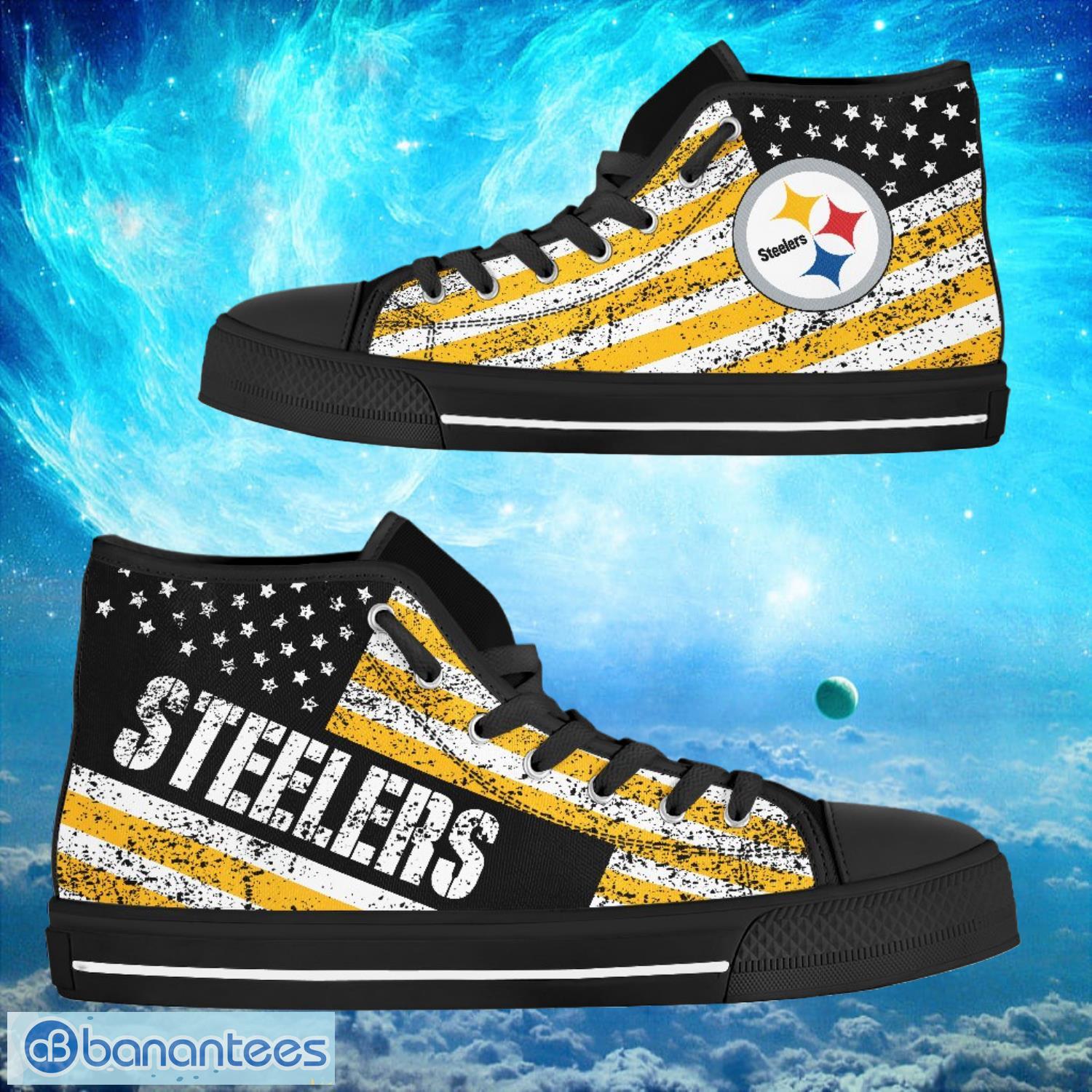 pittsburgh steelers custom america flag italic vintage style high top shoes image Pittsburgh Steelers Custom America Flag Italic Vintage Style High Top Shoes Product Photo 1