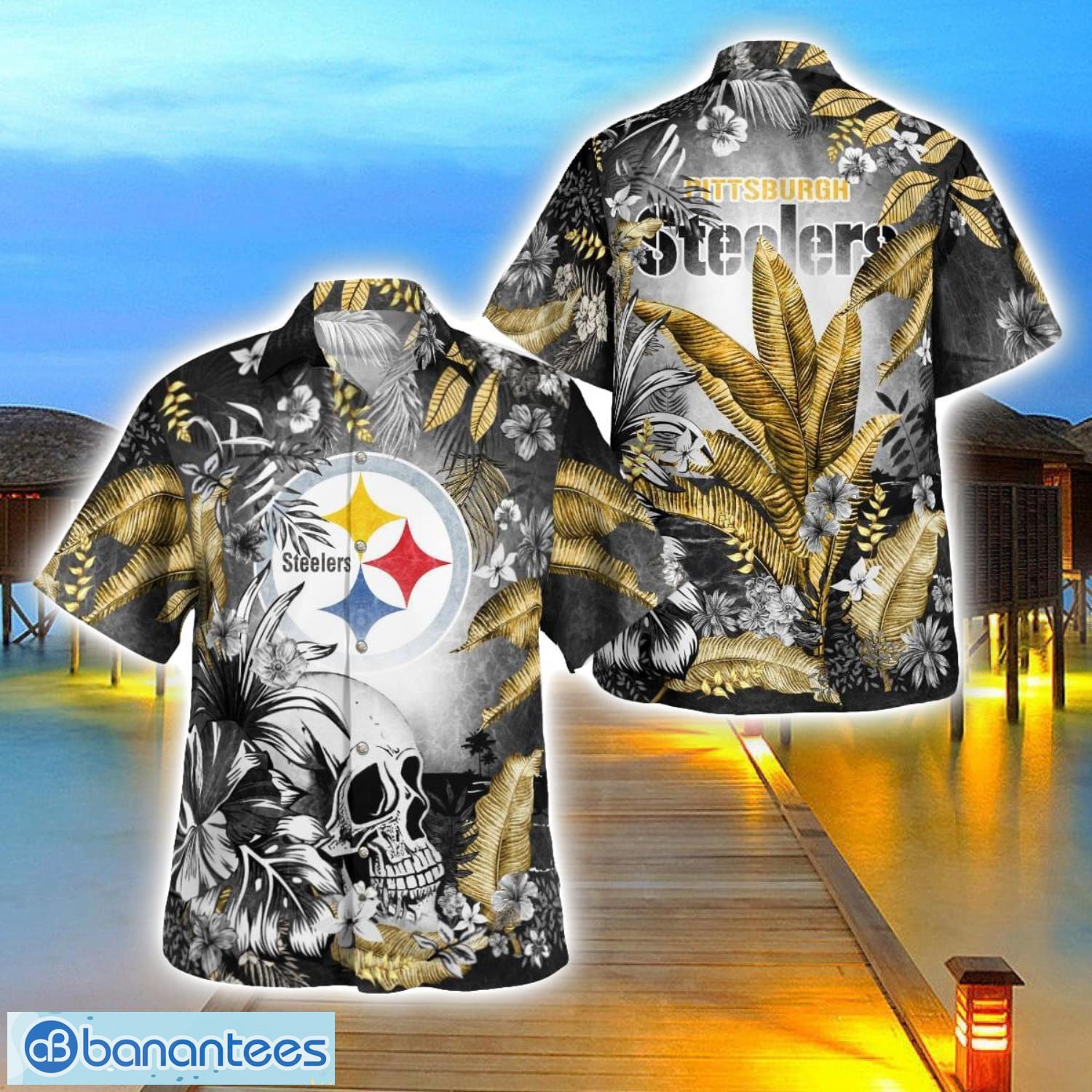 pittsburgh steelers tropical floral skull 3d hawaiian shirt beach shirt halloween gift image Pittsburgh Steelers Tropical Floral Skull 3D Hawaiian Shirt Beach Shirt Halloween Gift Product Photo 1