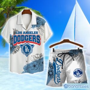 Los Angeles Dodgers Team Logo Pattern White Background 3D Hawaiian Shirt And Shorts Product Photo 1