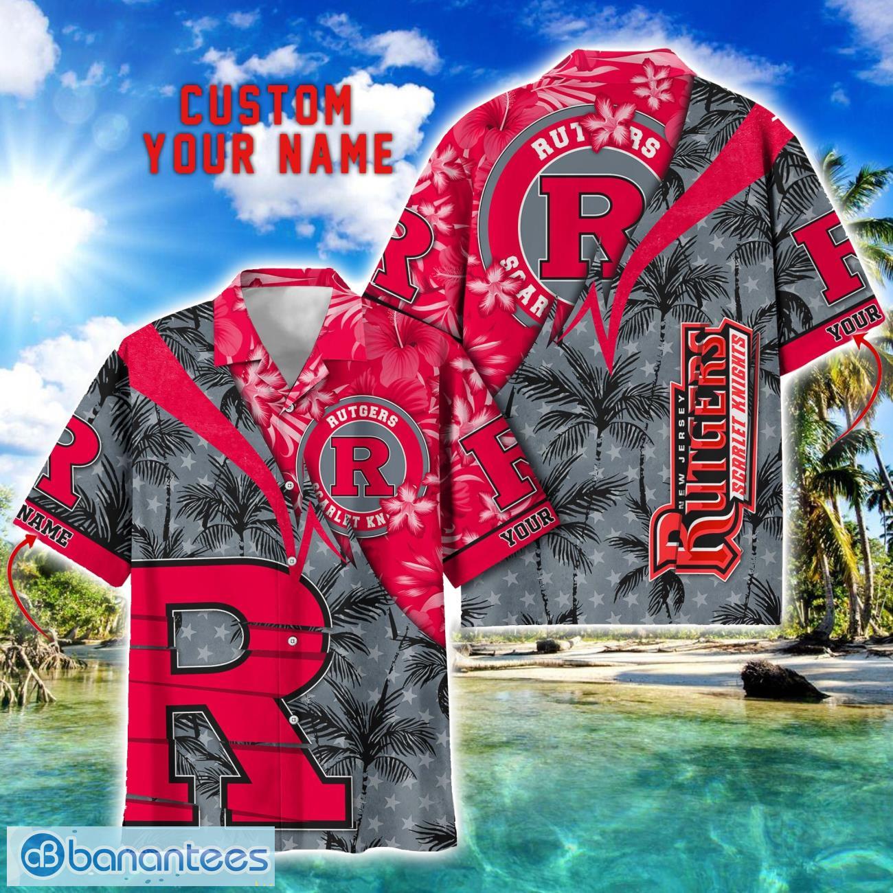 rutgers scarlet knights hawaii shirt vintage coconut pattern tropical hawaiian football beach shirts custom name image Rutgers Scarlet Knights Hawaii Shirt Vintage coconut Pattern Tropical Hawaiian Football Beach Shirts Custom Name Product Photo 1