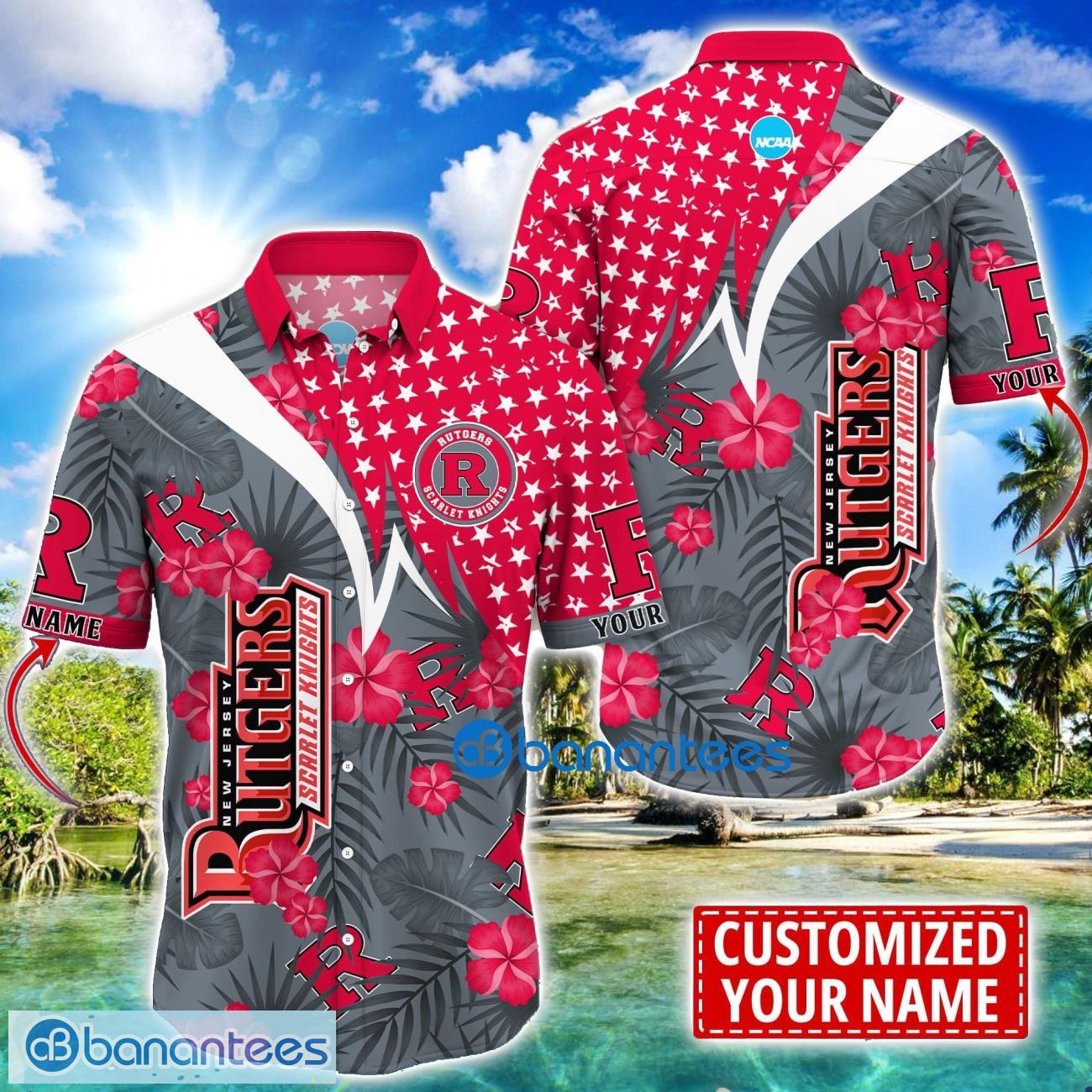 rutgers scarlet knights star and flower pattern tropical hawaiian shirt summer gift for men women custom name image Rutgers Scarlet Knights Star and Flower Pattern Tropical Hawaiian Shirt Summer Gift For Men Women Custom Name Product Photo 1