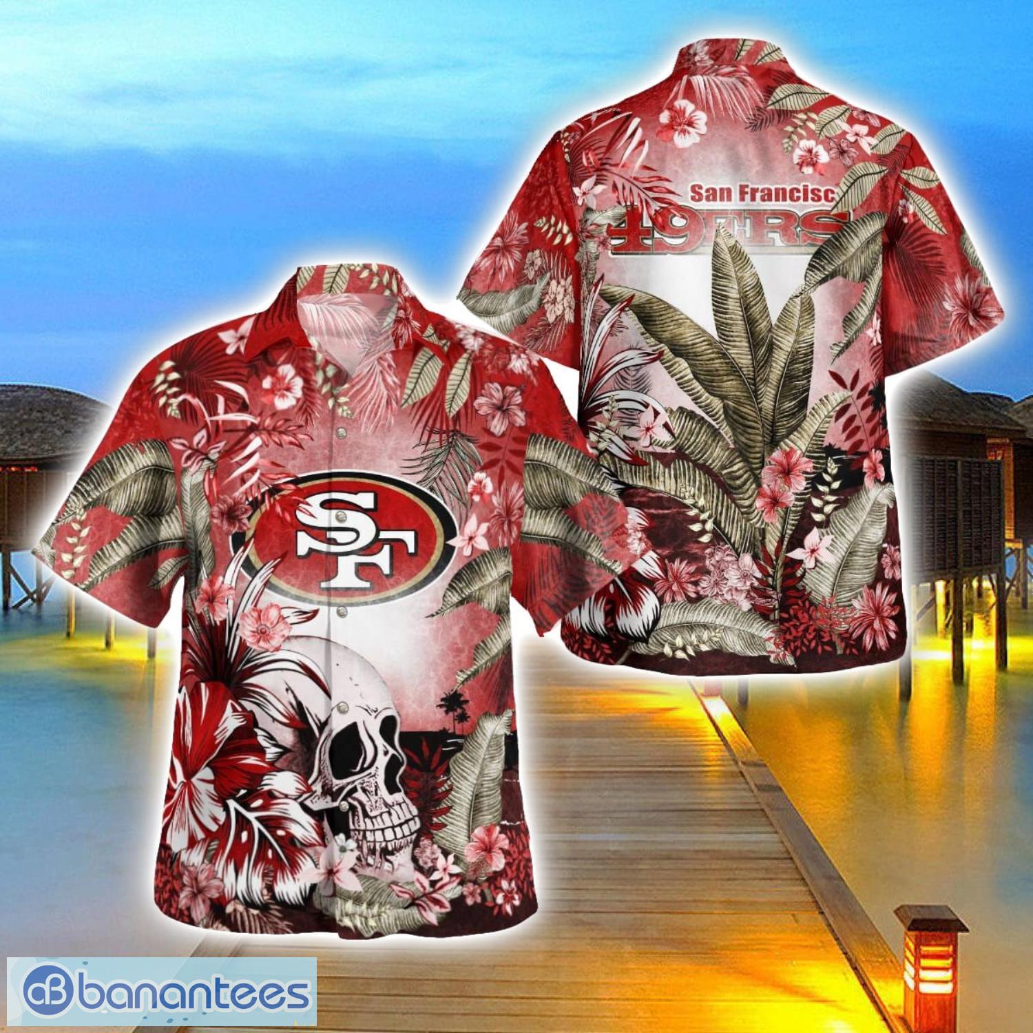 san francisco 49ers tropical floral skull 3d hawaiian shirt beach shirt halloween gift image San Francisco 49ers Tropical Floral Skull 3D Hawaiian Shirt Beach Shirt Halloween Gift Product Photo 1