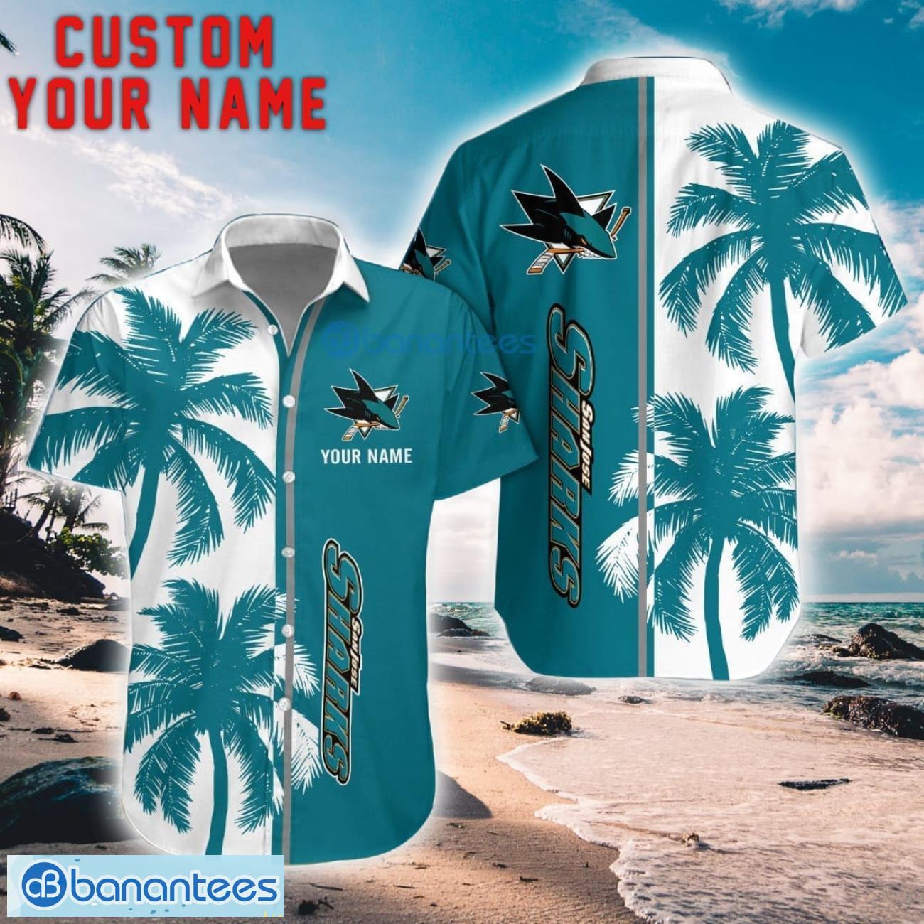 san jose sharks coconut pattern hawaiian shirt and shorts personalized name unique gift for summer image San Jose Sharks Coconut Pattern Hawaiian Shirt And Shorts Personalized Name Unique Gift For Summer Product Photo 1