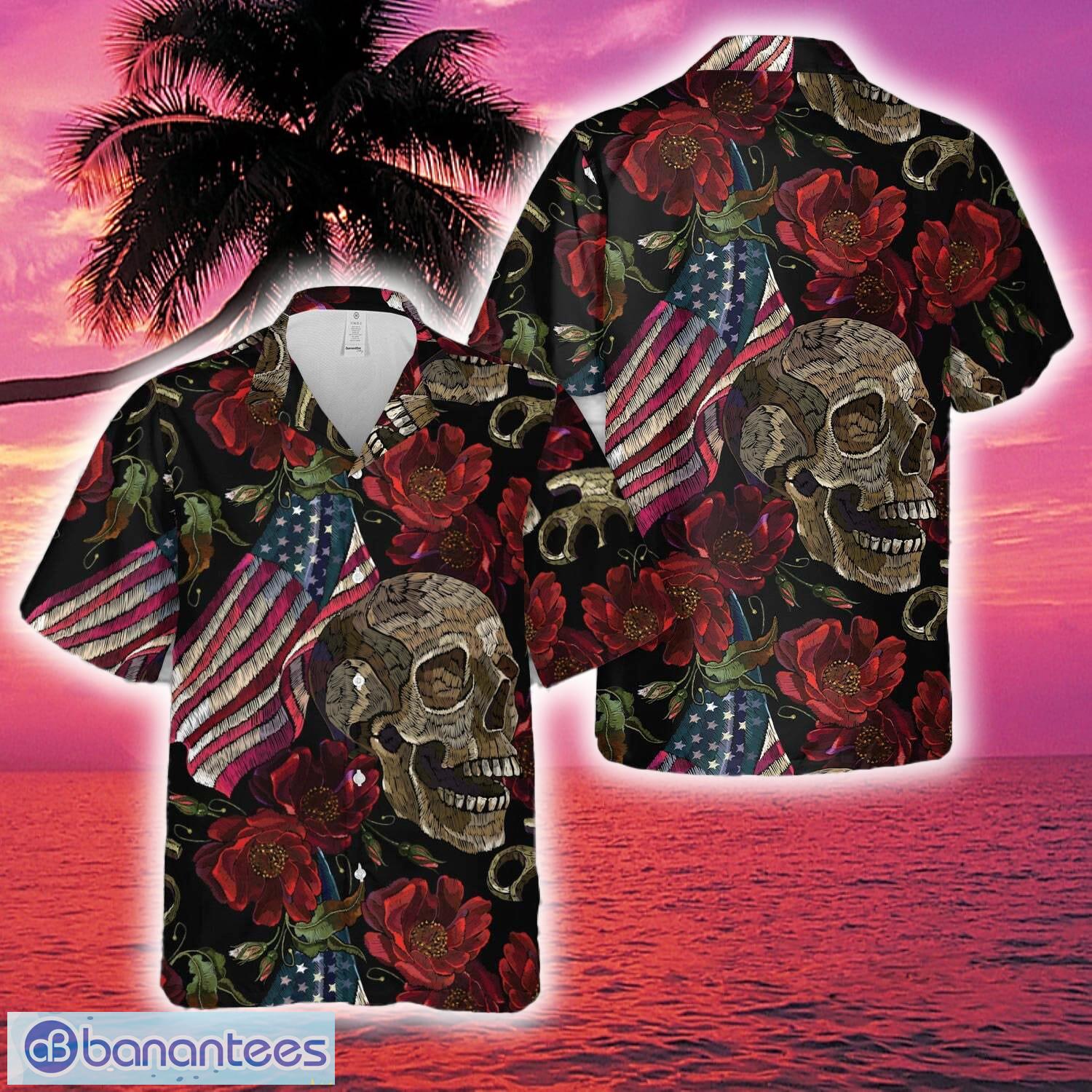 skulls red roses flag hawaiian shirt for men women summer image Skulls Red Roses Flag Hawaiian Shirt For Men Women Summer - Skulls Red Roses Flag Hawaiian Shirt For Men Women Summer