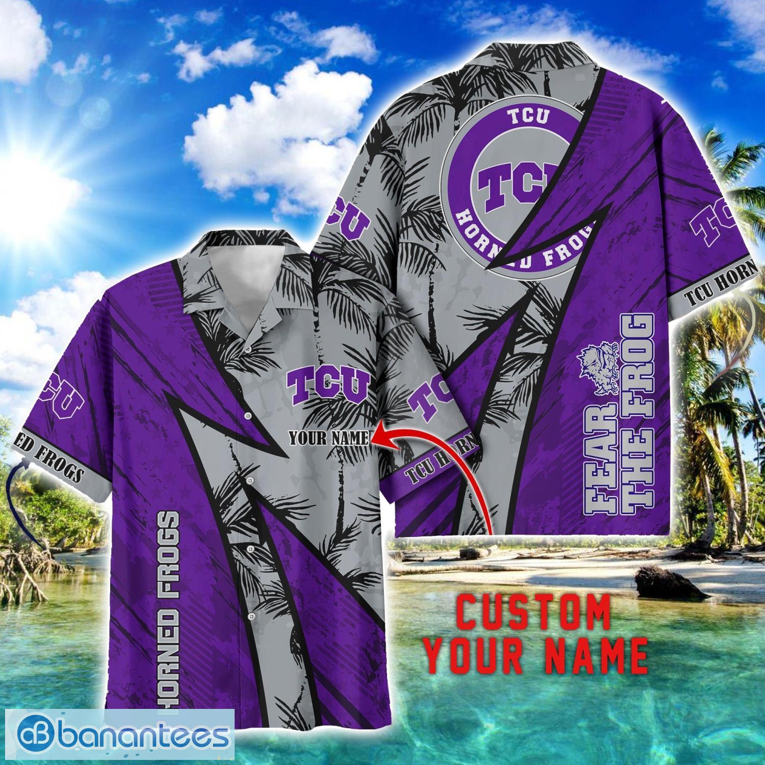 tcu horned frogs aop hawaiian shirt beach summer shirt personalized name for fans image TCU Horned Frogs AOP Hawaiian Shirt Beach Summer Shirt Personalized Name For fans Product Photo 1