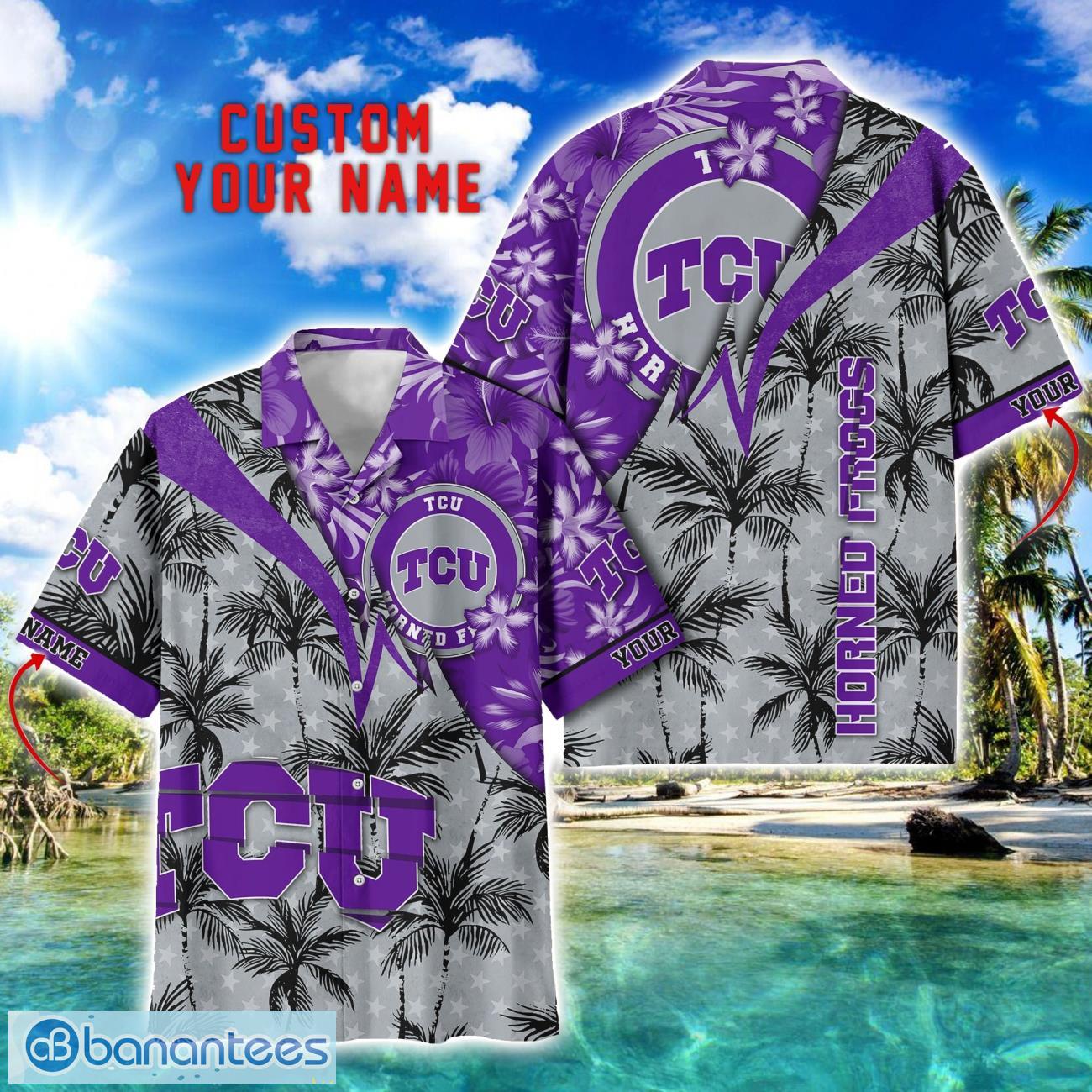 tcu horned frogs hawaii shirt vintage coconut pattern tropical hawaiian football beach shirts custom name image TCU Horned Frogs Hawaii Shirt Vintage coconut Pattern Tropical Hawaiian Football Beach Shirts Custom Name Product Photo 1
