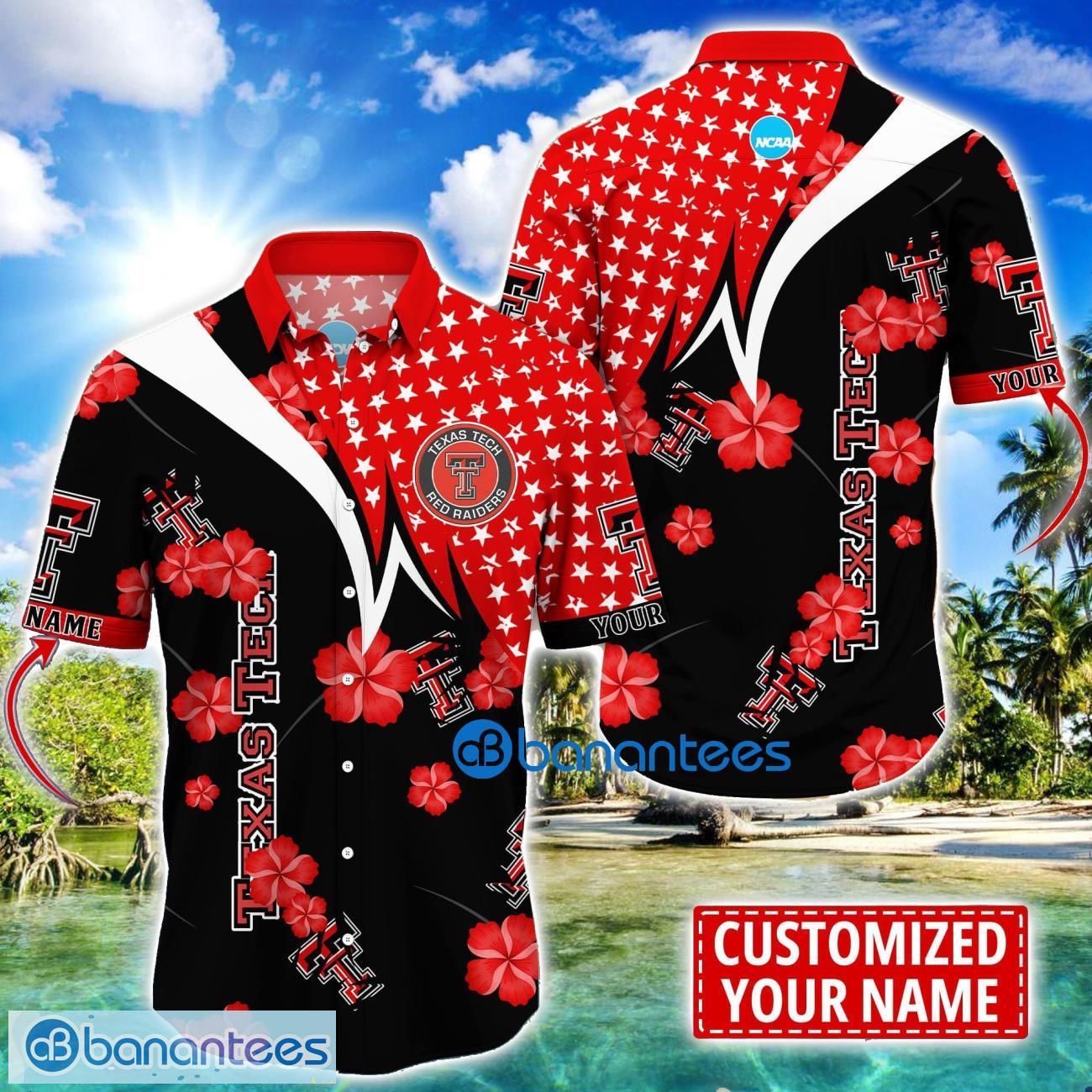 texas tech red raiders star and flower pattern tropical hawaiian shirt summer gift for men women custom name image Texas Tech Red Raiders Star and Flower Pattern Tropical Hawaiian Shirt Summer Gift For Men Women Custom Name Product Photo 1