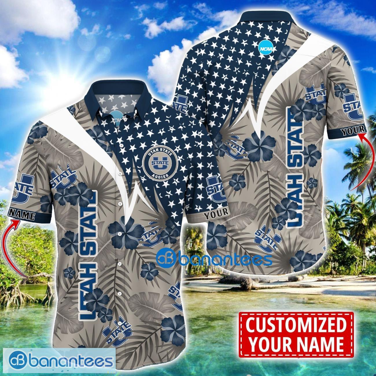 utah state aggies star and flower pattern tropical hawaiian shirt summer gift for men women custom name image Utah State Aggies Star and Flower Pattern Tropical Hawaiian Shirt Summer Gift For Men Women Custom Name Product Photo 1