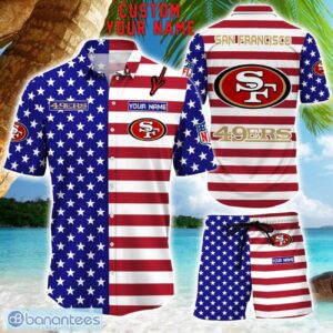 San Francisco 49ers Hawaiian Shirt And Shorts Custom Name NFL American Flag Holiday Gift Product Photo 1