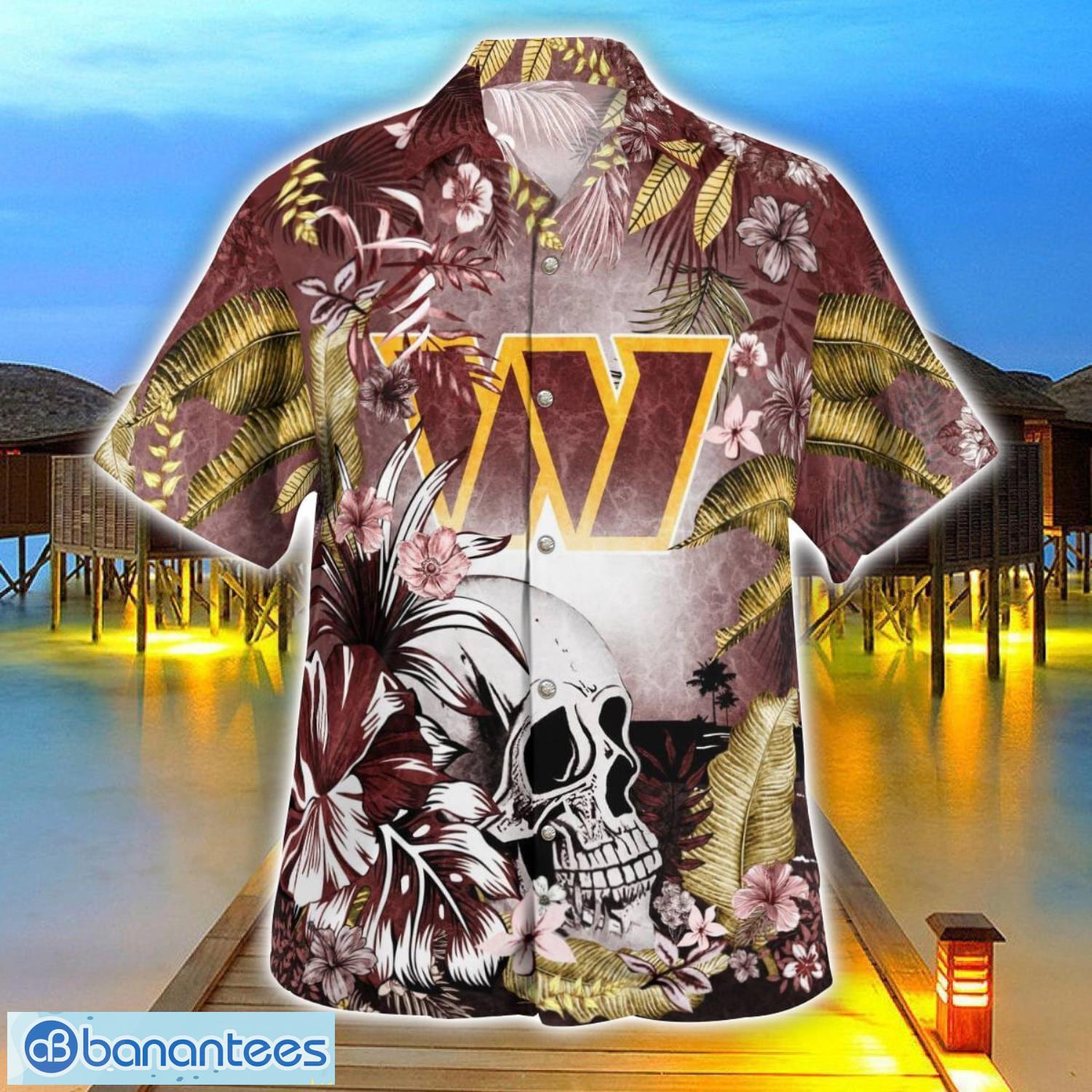 washington commanders tropical floral skull 3d hawaiian shirt beach shirt halloween gift 2 image Washington Commanders Tropical Floral Skull 3D Hawaiian Shirt Beach Shirt Halloween Gift Product Photo 3
