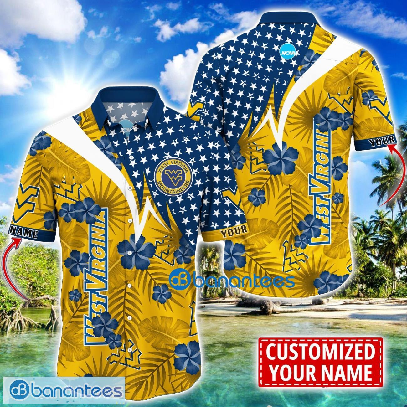 west virginia mountaineers star and flower pattern tropical hawaiian shirt summer gift for men women custom name image West Virginia Mountaineers Star and Flower Pattern Tropical Hawaiian Shirt Summer Gift For Men Women Custom Name Product Photo 1