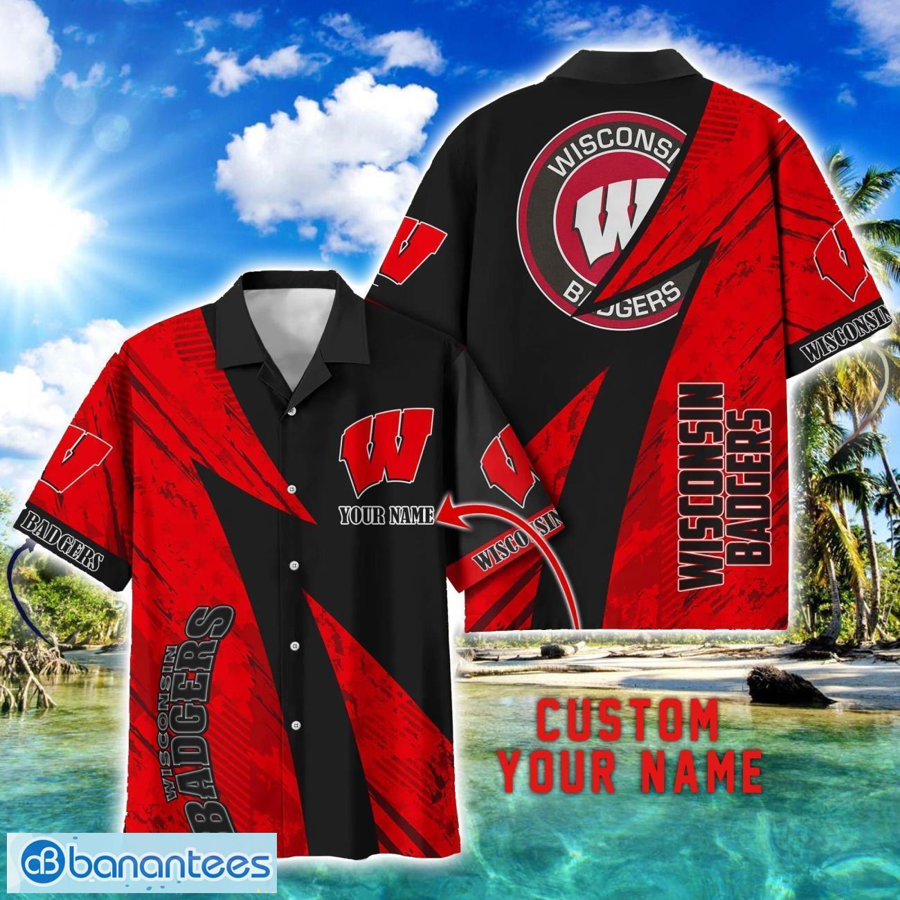 wisconsin badgers aop hawaiian shirt beach summer shirt personalized name for fans image Wisconsin Badgers AOP Hawaiian Shirt Beach Summer Shirt Personalized Name For fans Product Photo 1