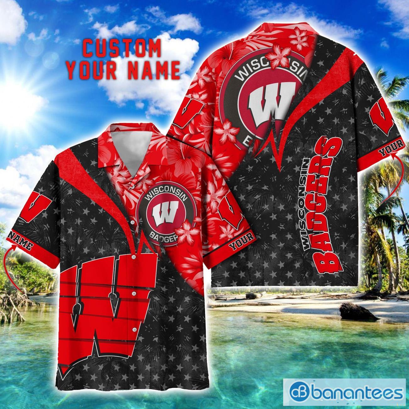 wisconsin badgers hawaii shirt vintage coconut pattern tropical hawaiian football beach shirts custom name image Wisconsin Badgers Hawaii Shirt Vintage coconut Pattern Tropical Hawaiian Football Beach Shirts Custom Name Product Photo 1