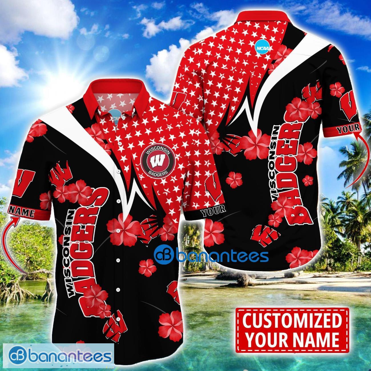 wisconsin badgers star and flower pattern tropical hawaiian shirt summer gift for men women custom name image Wisconsin Badgers Star and Flower Pattern Tropical Hawaiian Shirt Summer Gift For Men Women Custom Name Product Photo 1