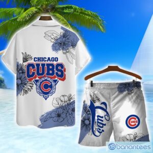 Chicago Cubs Team Logo Pattern White Background 3D Hawaiian Shirt And Shorts Product Photo 2