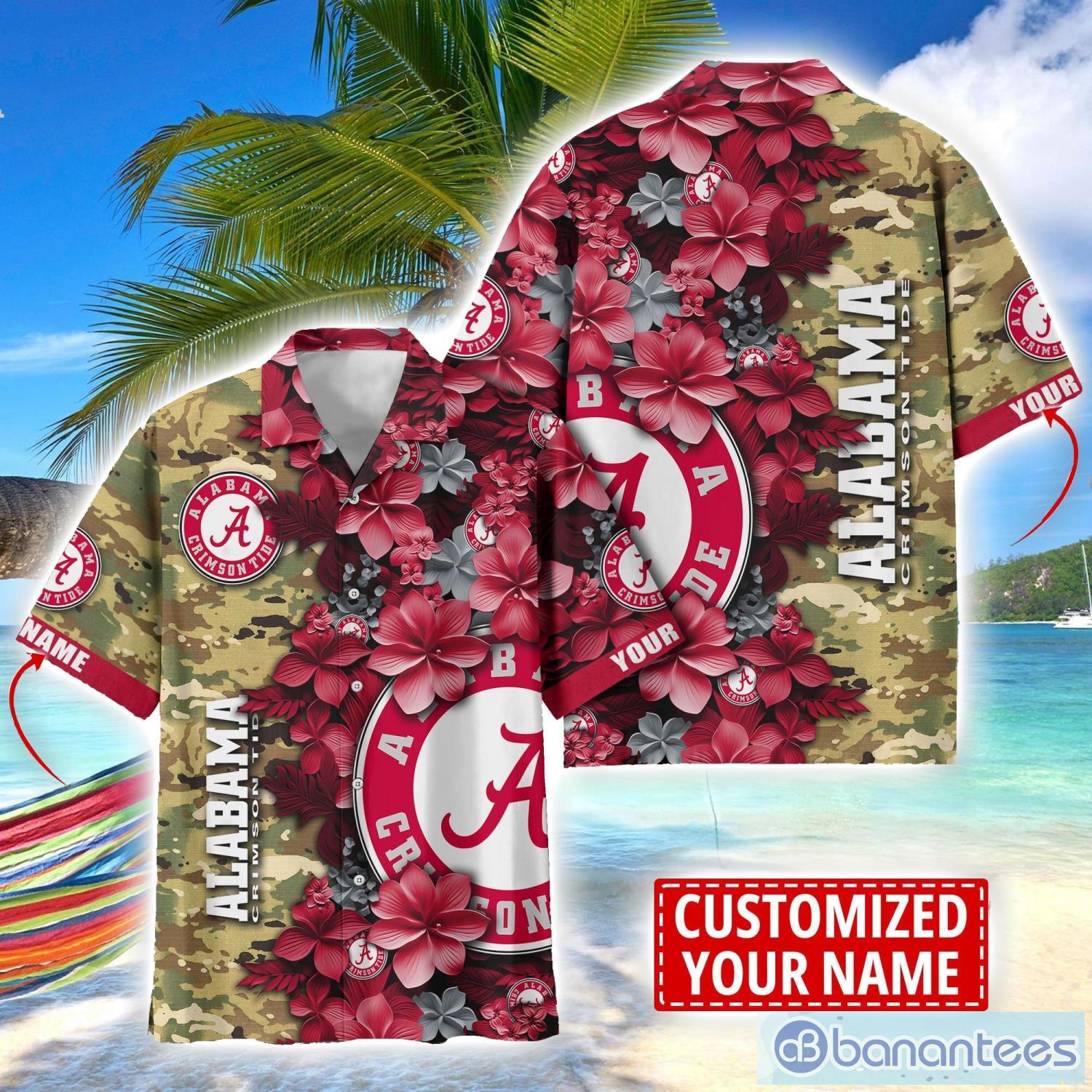 alabama crimson tide custom name personalized camo flower pattern hawaiian shirt image Alabama Crimson Tide Custom Name Personalized Camo Flower Pattern Hawaiian Shirt Product Photo 1