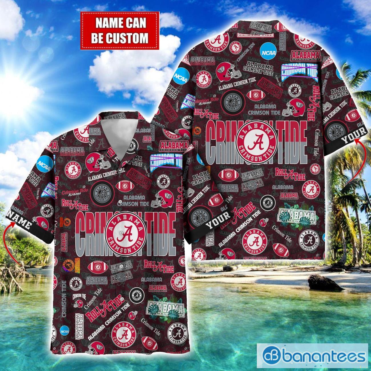 alabama crimson tide football beach shirts logo custom name hawaiian shirt image Alabama Crimson Tide Football Beach Shirts Logo Custom Name Hawaiian Shirt Product Photo 1