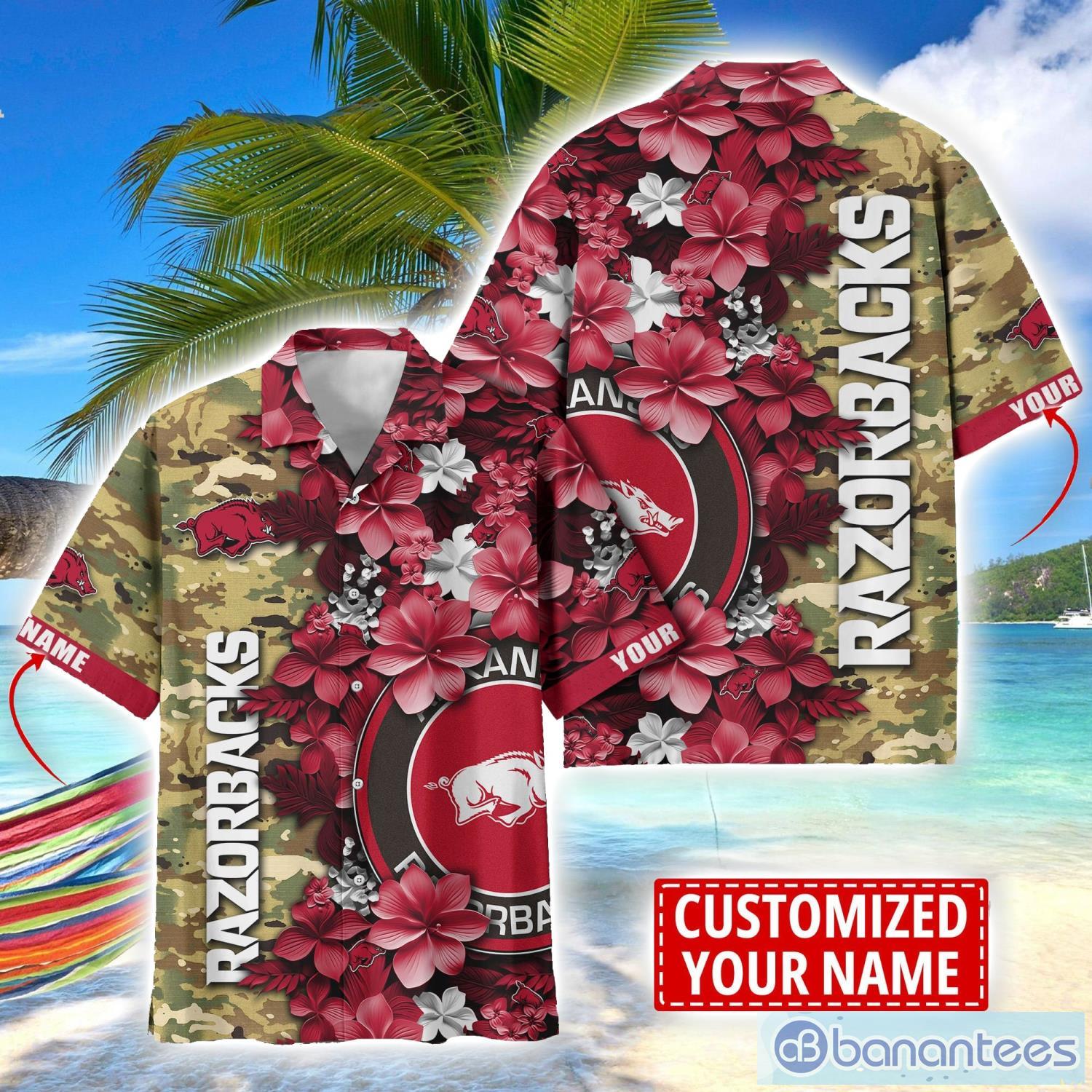 arkansas razorbacks custom name personalized camo flower pattern hawaiian shirt image Arkansas Razorbacks Custom Name Personalized Camo Flower Pattern Hawaiian Shirt Product Photo 1