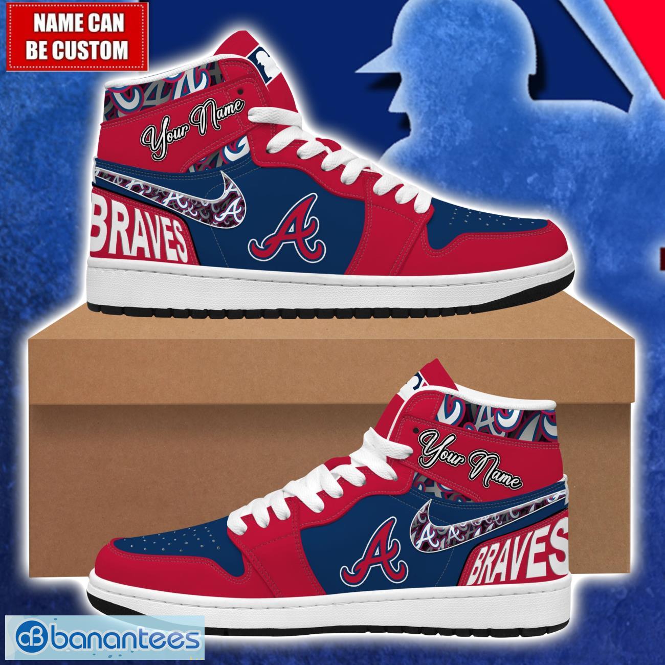 atlanta braves mlb air jordan 1 hightop shoes for mlb fans custom name gift sneakers image Atlanta Braves MLB Air Jordan 1 Hightop Shoes For MLB Fans Custom Name Gift Sneakers Product Photo 1