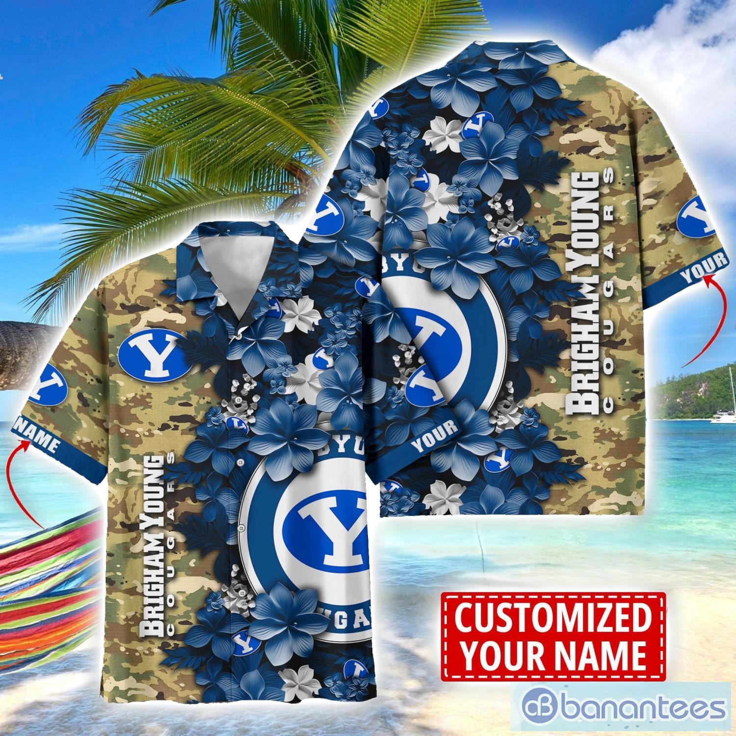 byu cougars custom name personalized camo flower pattern hawaiian shirt image BYU Cougars Custom Name Personalized Camo Flower Pattern Hawaiian Shirt Product Photo 1