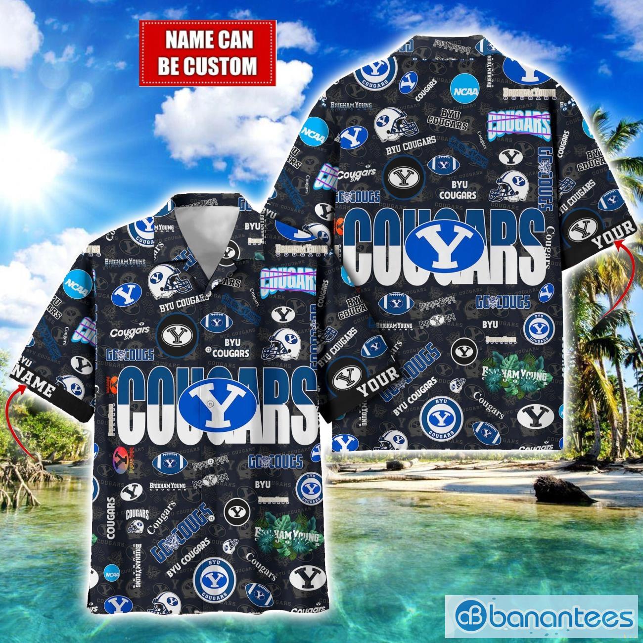 byu cougars football beach shirts logo custom name hawaiian shirt image BYU Cougars Football Beach Shirts Logo Custom Name Hawaiian Shirt Product Photo 1