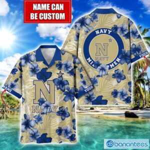 Navy Midshipmen Big Logo Custom Name Aloha Flower Hawaiian Shirt Trending Summer Product Photo 1