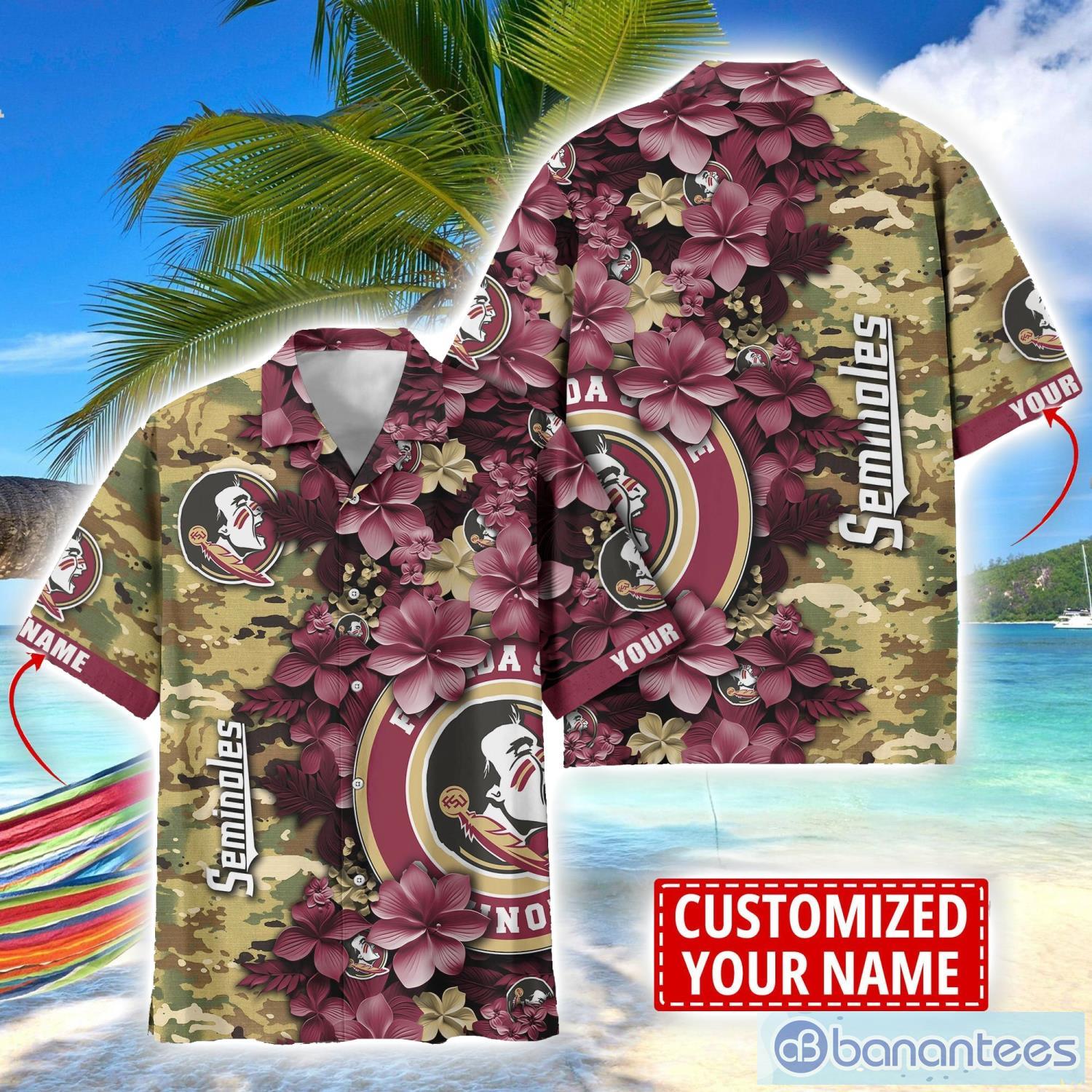 florida state seminoles custom name personalized camo flower pattern hawaiian shirt image Florida State Seminoles Custom Name Personalized Camo Flower Pattern Hawaiian Shirt Product Photo 1