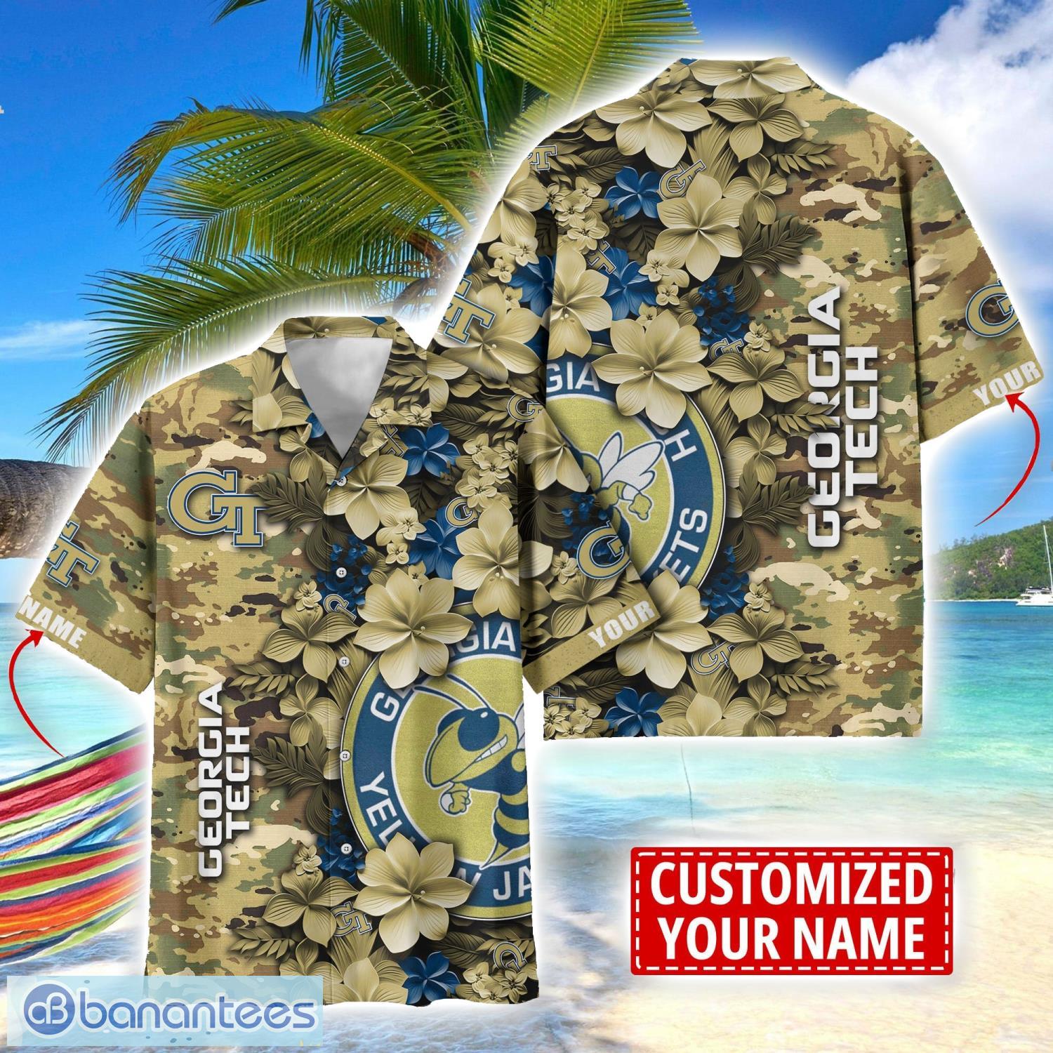 georgia tech yellow jackets custom name personalized camo flower pattern hawaiian shirt image Georgia Tech Yellow Jackets Custom Name Personalized Camo Flower Pattern Hawaiian Shirt Product Photo 1