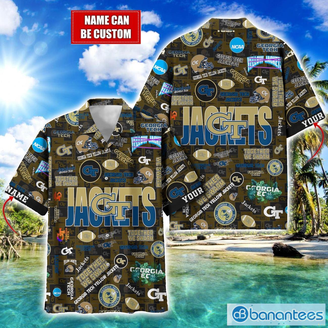 georgia tech yellow jackets football beach shirts logo custom name hawaiian shirt image Georgia Tech Yellow Jackets Football Beach Shirts Logo Custom Name Hawaiian Shirt Product Photo 1