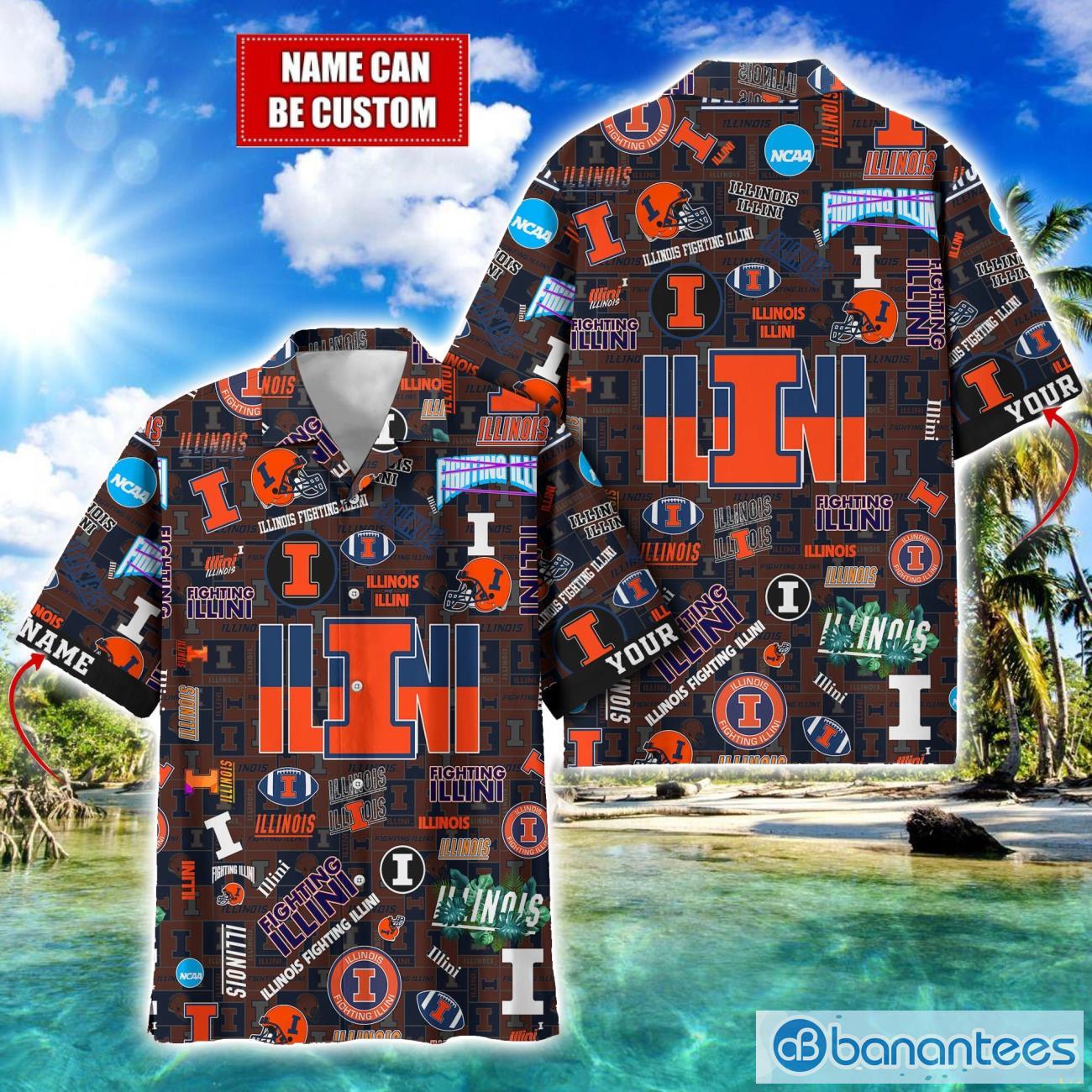 illinois fighting illini football beach shirts logo custom name hawaiian shirt image Illinois Fighting Illini Football Beach Shirts Logo Custom Name Hawaiian Shirt Product Photo 1