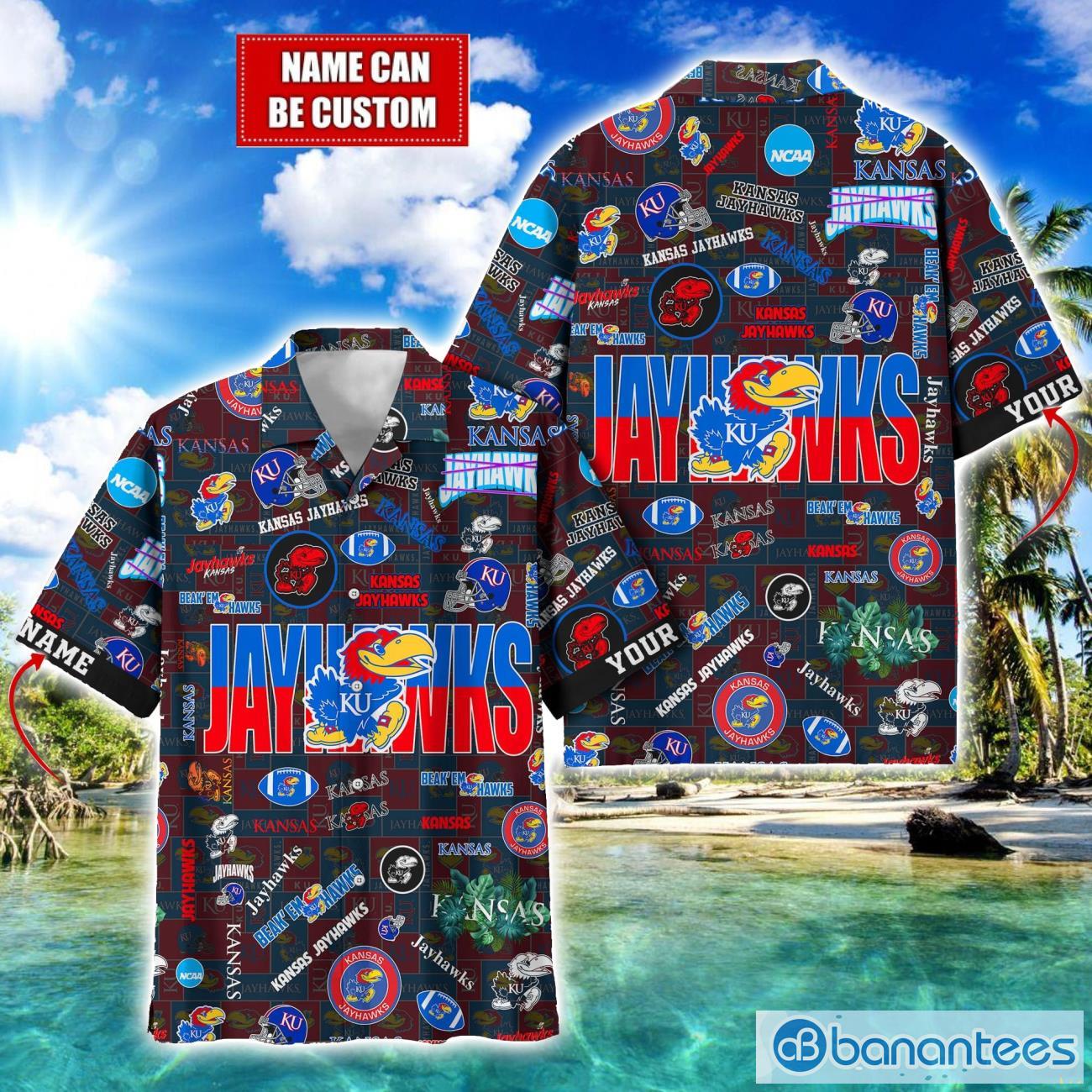 kansas jayhawks football beach shirts logo custom name hawaiian shirt image Kansas Jayhawks Football Beach Shirts Logo Custom Name Hawaiian Shirt Product Photo 1