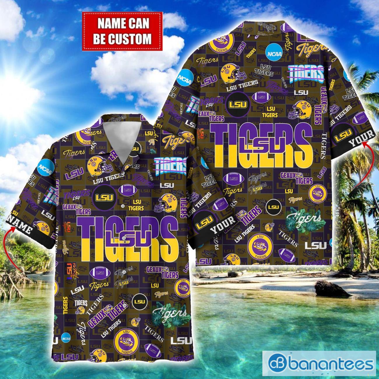 lsu tigers football beach shirts logo custom name hawaiian shirt image LSU TIGERS Football Beach Shirts Logo Custom Name Hawaiian Shirt Product Photo 1