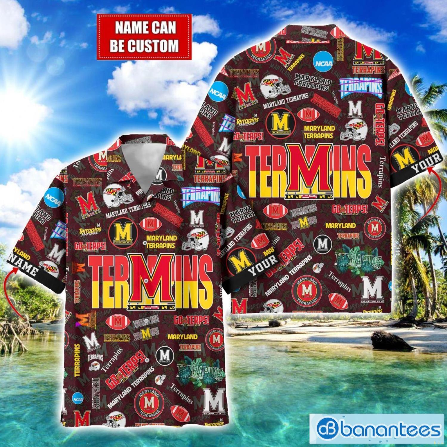 maryland terrapins football beach shirts logo custom name hawaiian shirt image Maryland Terrapins Football Beach Shirts Logo Custom Name Hawaiian Shirt Product Photo 1