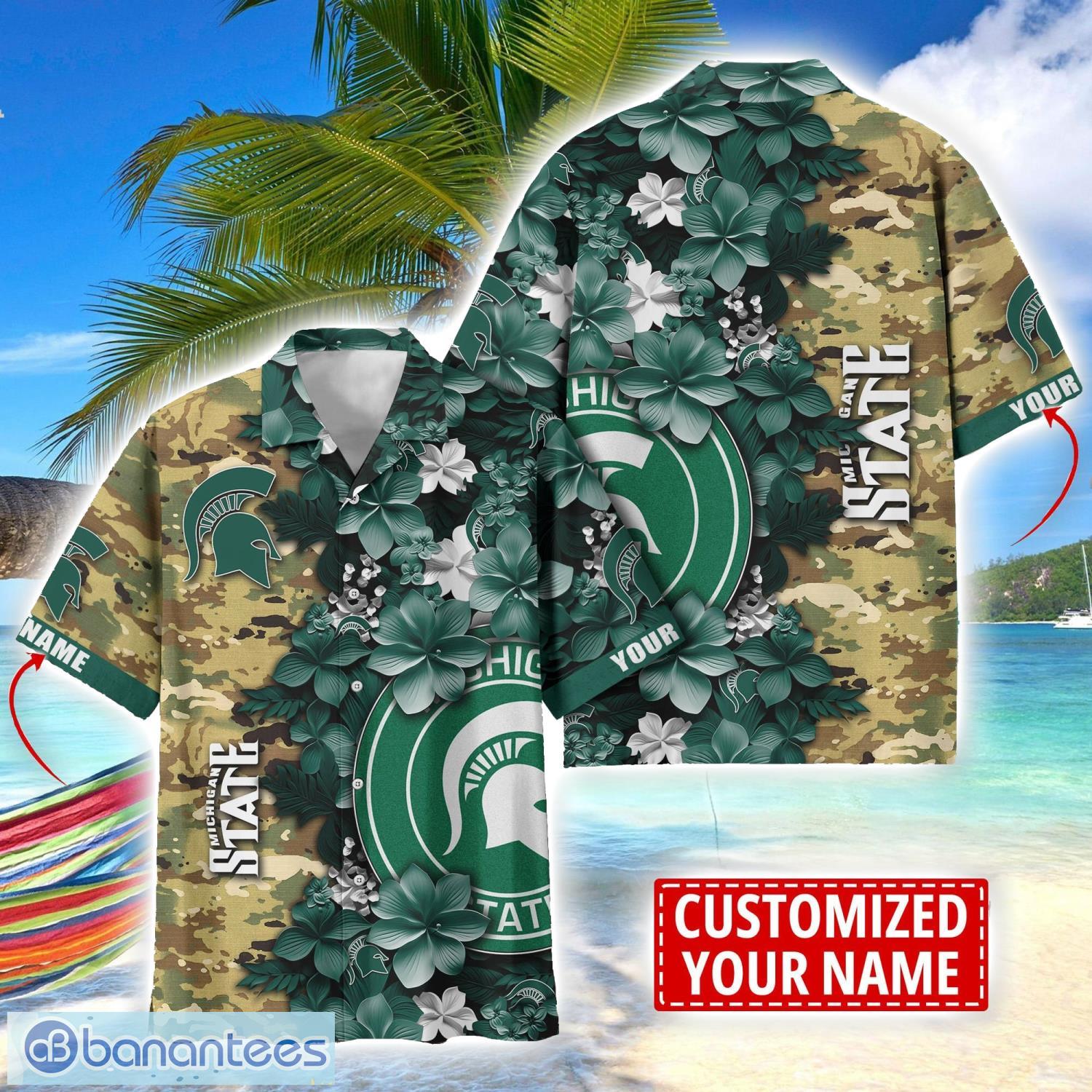 michigan state spartans custom name personalized camo flower pattern hawaiian shirt image Michigan State Spartans Custom Name Personalized Camo Flower Pattern Hawaiian Shirt Product Photo 1