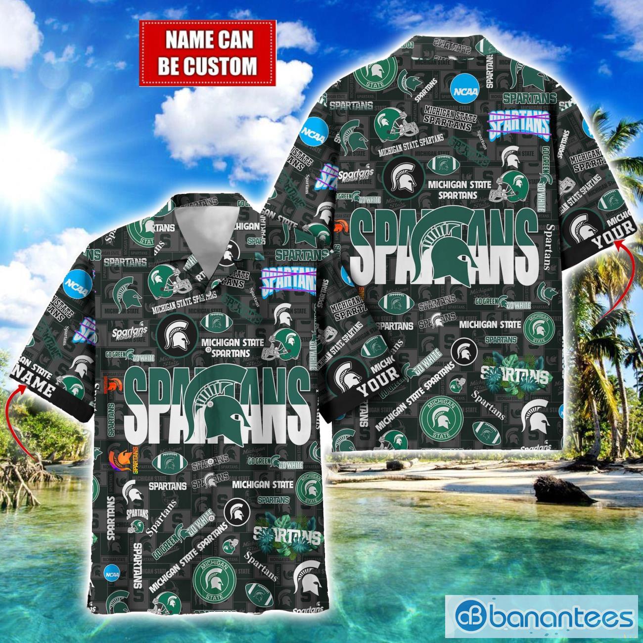 michigan state spartans football beach shirts logo custom name hawaiian shirt image Michigan State Spartans Football Beach Shirts Logo Custom Name Hawaiian Shirt Product Photo 1