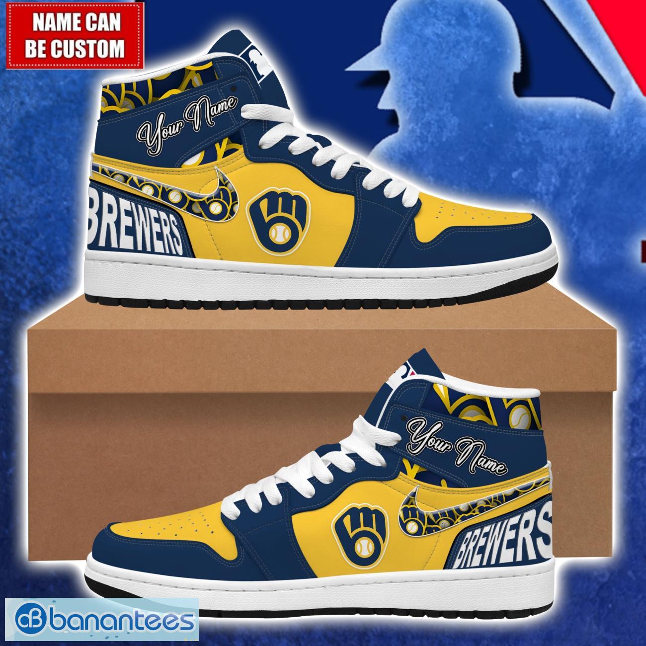milwaukee brewers mlb air jordan 1 hightop shoes for mlb fans custom name gift sneakers image Milwaukee Brewers MLB Air Jordan 1 Hightop Shoes For MLB Fans Custom Name Gift Sneakers Product Photo 1